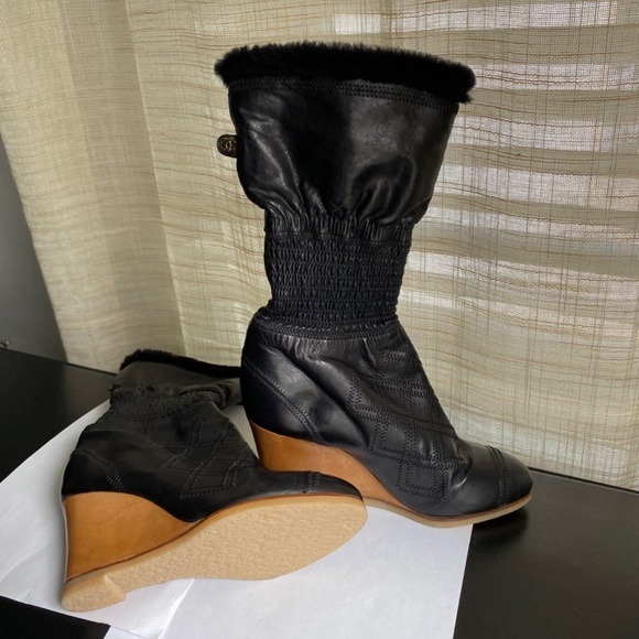 Chanel black leather wedge high boots slip on 36-6 elastic
Quilted fur platform - Picture 11 of 11